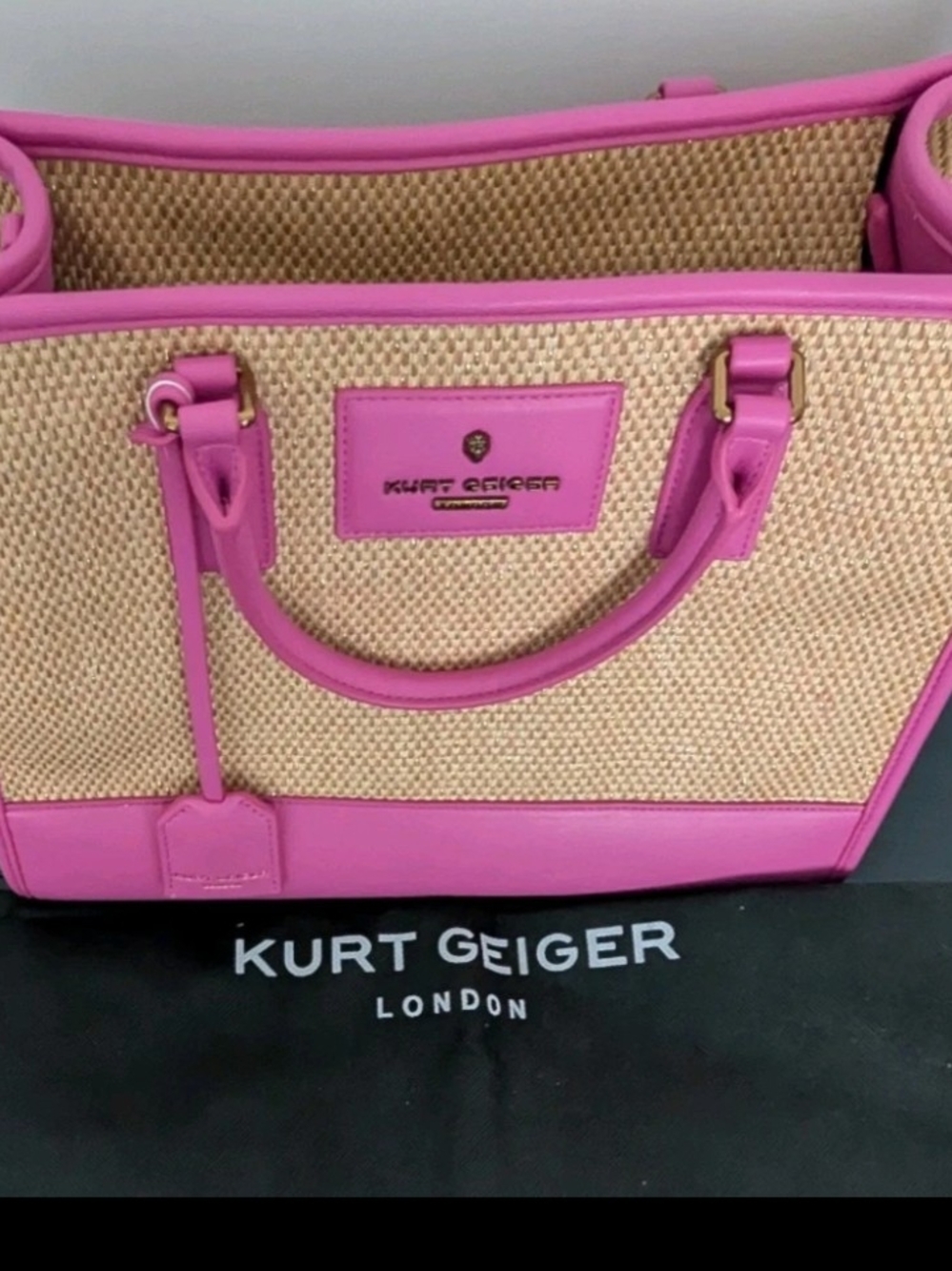 Kurt Geiger Natural Woven Tote with Pink Trim